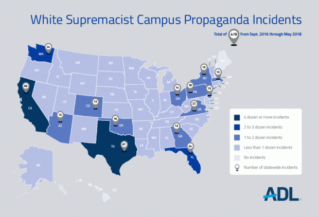 White Supremacist Propaganda Nearly Doubles on Campus in 2017-18 ...
