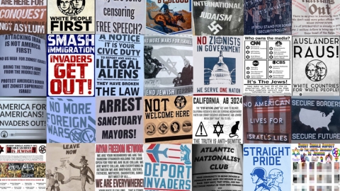 A collage of white supremacist propaganda flyers, featuring white supremacist groups and slogans